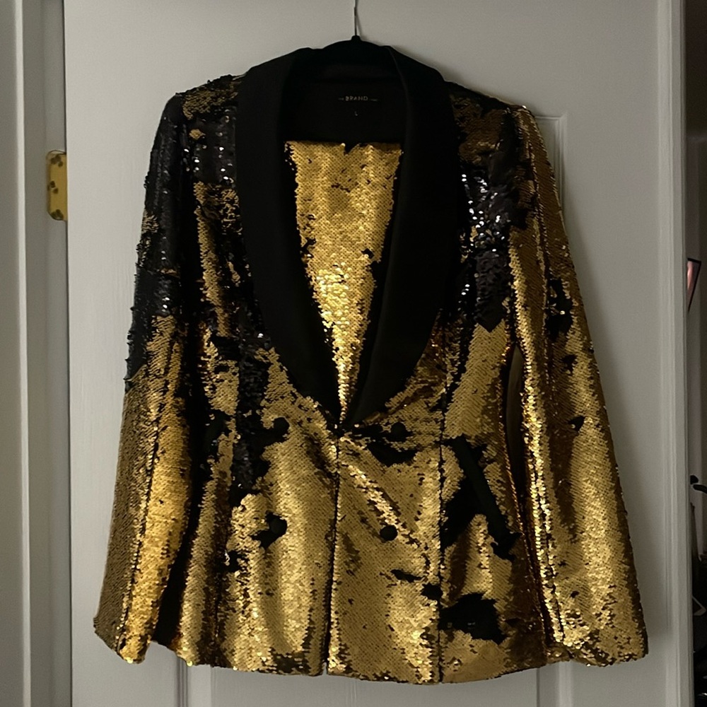 Gold/Black sequins blazer and wide leg pant, size large.